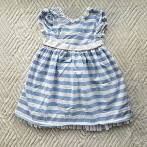 Hartstrings 3T Blue White Stripe Dress Pleated Hem Linen Blend Cute